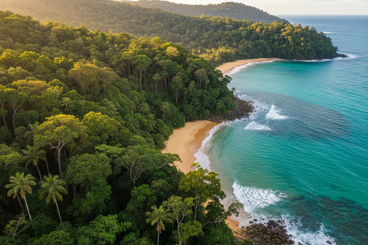 Please create an image of a rainforest by the ocean, that is representative of Queensland australia
